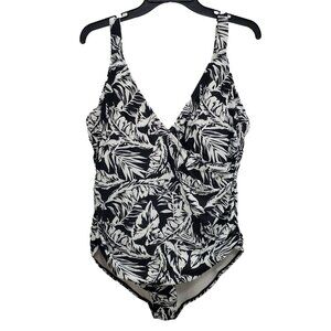Anne Cole Woman's White Black Tropical Leaf Print One Piece Swimsuit Plus‎ Sz 16